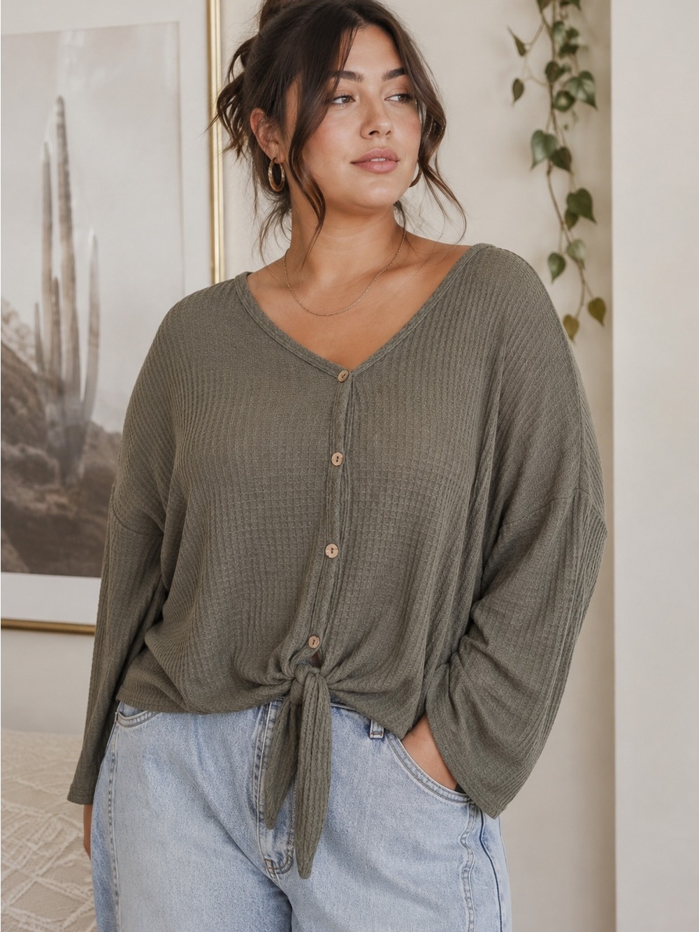 Button-Front Tie Hem Waffle Knit Top in Olive